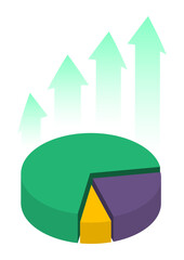 Obraz premium Isometric pie chart with dynamically growing green arrows pointing upwards. Isolated cartoon vector concept on white background top view