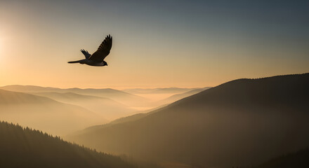 Fototapeta premium Majestic raptor soaring above misty mountain peaks during a vibrant dawn.