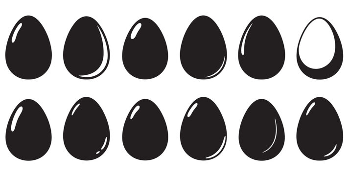 Collection of twelve black egg icons in a minimalist graphic style, showing various simple silhouettes with highlights and one outline for Easter or food concepts