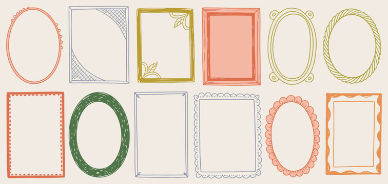 Wavy wedding frame vector, hand drawn oval vintage border set, coquettish celebration design, elegant classic line decoration background, simple postcard decor, whimsical invitation frame collection.