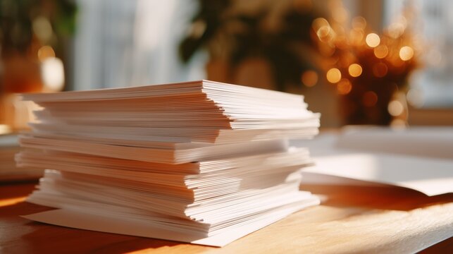 A Close-Up of Neatly Stacked Blank Papers on a Wooden Surface Surrounded by Soft Light and Natural Elements