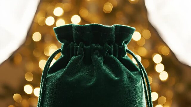 Green velvet drawstring pouch against golden holiday lights. Simple fabric gift bag concept for christmas and new year celebrations. video footage video footage