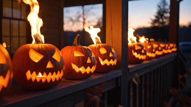 A slow panning shot across a row of jack-o-lanterns on a porch railing. As the camera passes each one, the candle inside flickers and ignites on its own