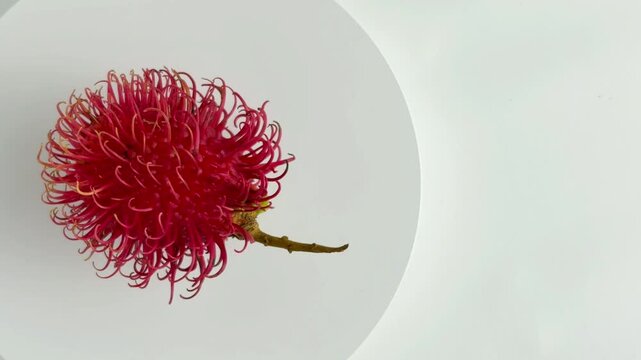 Red ripe rambutan fruit isolated on white background. Tropical exotic fruit with hairy red skin and sweet juicy flesh, flatlay. copy space