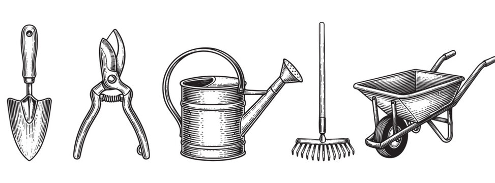 Set of vintage gardening tools including a trowel, shears, watering can, rake, and wheelbarrow in a detailed black and white hand-drawn engraving illustration style