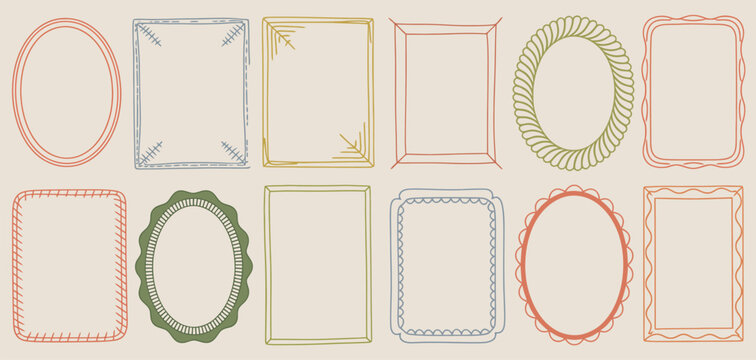 Cute wavy wedding frame vector, hand drawn vintage oval border collection, whimsical invitation frame set, elegant classic line decoration, coquettish celebration design, simple postcard illustration.