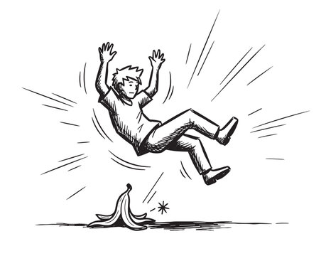 Hand-drawn black and white cartoon man slipping and falling backwards with arms flailing after stepping on a banana peel in a classic slapstick comedy sketch