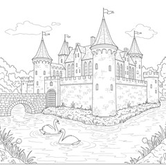 Medieval Castle on a Water Moat with Swans and Lush Greenery