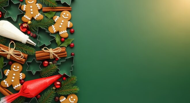 Bright green Christmas cooking background with top and bottom borders made of cookies, gingerbread, spices (cinnamon, star anise), pine leaves, orange slices, and red berries. recipes or text