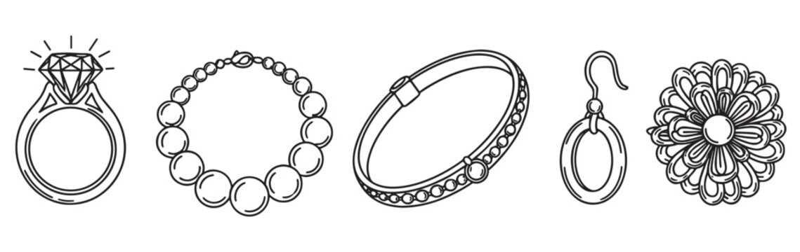 Collection of five jewelry items drawn in a clean black and white line art style, featuring a sparkling diamond ring, beaded necklace, bracelet, dangle earring, and a flower brooch