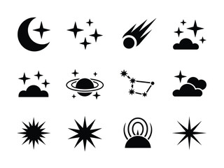 Astronomy vector icon set with comet crescent moon stars constellation galaxy orbit planet space symbols minimal black silhouette cosmic elements celestial shapes modern simple graphic design