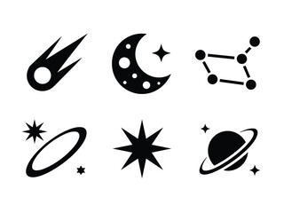 Moon, Stars, Planet, Constellation and Celestial Elements Icons,Night Sky Graphic Set,Moon Phases, Shooting Stars, Planet Rings and Star Shapes,Starburst and Planet Rings