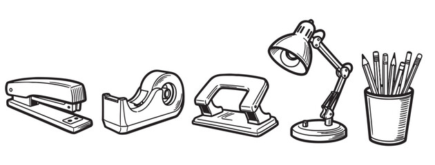 Set of hand-drawn office supplies including a stapler, tape dispenser, hole punch, desk lamp, and pencils in a cup, presented in a black and white line art illustration style