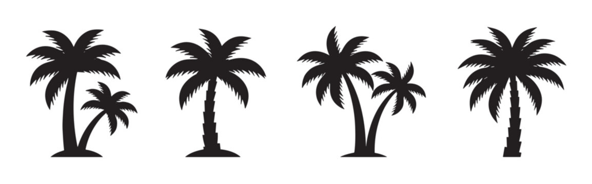 Set of four black palm tree silhouettes in a minimalist graphic style, representing tropical vacation, summer holidays, and exotic beach destinations for design elements - Powered by Adobe