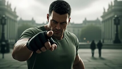 Intense muscular man in a green shirt and fingerless glove pointing directly at the viewer in a moody, urban setting