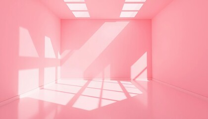 Fototapeta premium Empty pink room, sunlight shadows, minimal backdrop for product display, shadow, studio