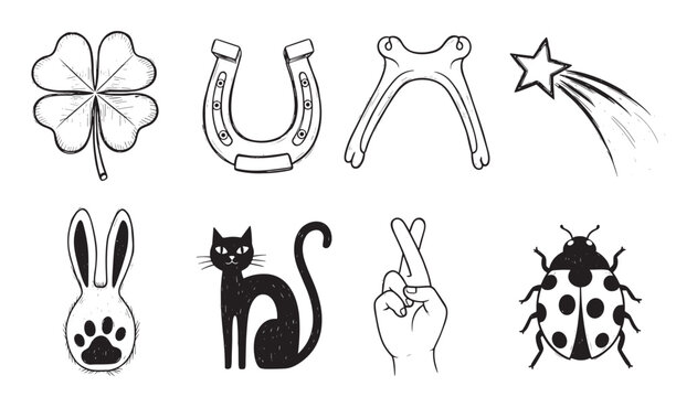 Collection of eight hand-drawn superstition symbols representing good and bad luck, including a clover, horseshoe, black cat, and ladybug in a simple sketch illustration style