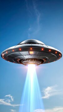 Metallic saucer hovers in a clear blue sky, emitting a bright blue beam. Concept for alien visitation and technological progress.