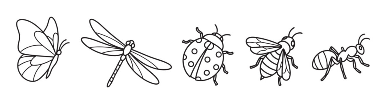 Set of five insect line art illustrations including a butterfly, dragonfly, ladybug, bee, and ant in a simple black and white doodle style for a coloring page