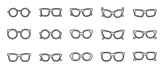 Collection of various eyeglass frames in different styles, including round, square, and cat-eye, presented as a set of minimalist black line art icons for vision and fashion concepts