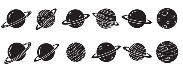 Set of twelve black planet icons with various hand-drawn doodle patterns, including rings, craters, and stripes, showcasing a minimalist and graphic celestial theme for astronomy