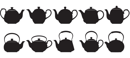 Collection of black teapot and kettle silhouettes in various classic and modern shapes, showcasing a diverse set of kitchenware icons for graphic design and culinary themes