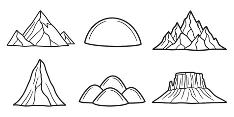 Set of six hand-drawn mountain illustrations in a minimalist black and white doodle style, showcasing various peak, hill, and rock formation shapes for nature or adventure themes