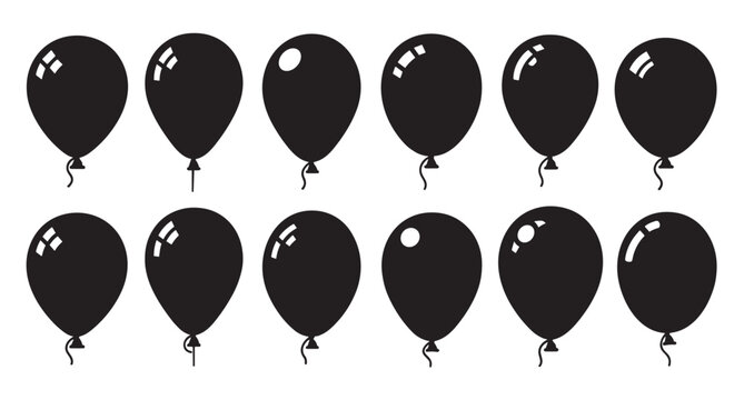 Set of black balloon silhouettes with various highlight styles, a collection of twelve minimalist icons for birthday party, anniversary, and celebration design