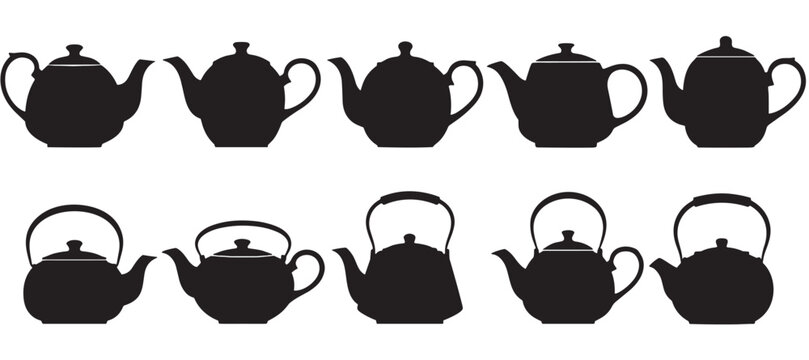 Collection of black teapot and kettle silhouettes in various classic and modern shapes, showcasing a diverse set of kitchenware icons for graphic design and culinary themes