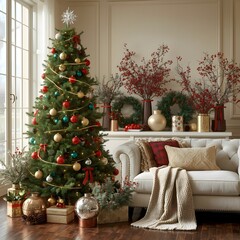 Stylish interior of Christmas arrangement with Christmas tree, white sofa and festive decorations.Warm holiday room with Christmas cushions and wrapped gifts