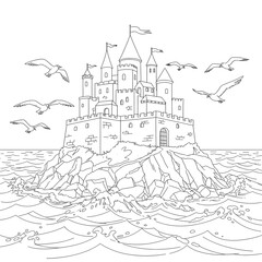 Majestic fantasy castle on a rugged island, ocean waves, and soaring seagulls, detailed line art