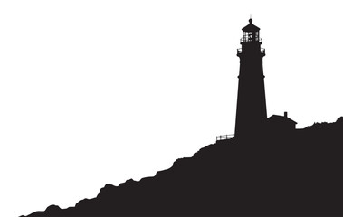 Black lighthouse tower silhouette standing on a rugged coastal cliff with a small building, a minimalist and graphic vector art illustration