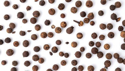 Obraz premium Overhead shot of scattered allspice berries on a white surface.