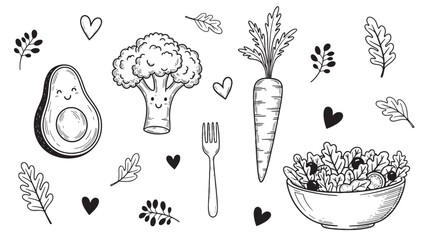 Hand-drawn set of cute healthy food illustrations with smiling avocado and broccoli characters, a carrot, salad bowl, fork, leaves, and hearts in a charming black and white doodle style