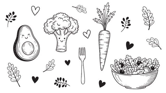 Hand-drawn set of cute healthy food illustrations with smiling avocado and broccoli characters, a carrot, salad bowl, fork, leaves, and hearts in a charming black and white doodle style