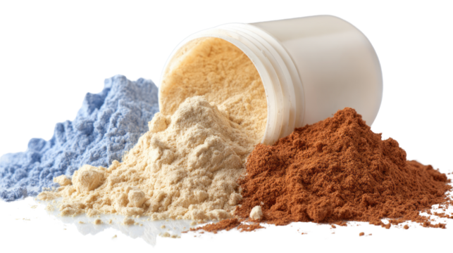 Protein powder supplement for fitness and health nutrition supporting muscle growth and active lifestyle isolated on white background