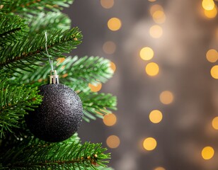 Black Christmas Ornament on Evergreen Tree with Festive Lights and Dark Bokeh Background