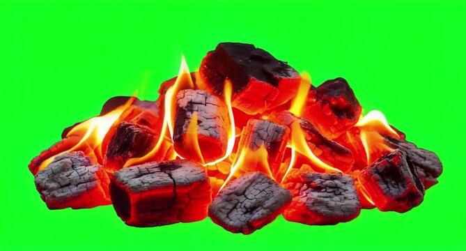 fiery coals cutout image and isolated on green screen or chroma key background