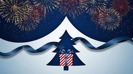 Festive holiday background with Christmas tree present fireworks and ribbon decoration