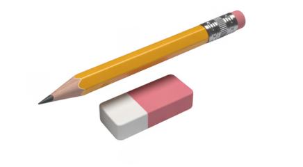 Yellow pencil with pink eraser and white rubber eraser on black background isolated on a transparent background