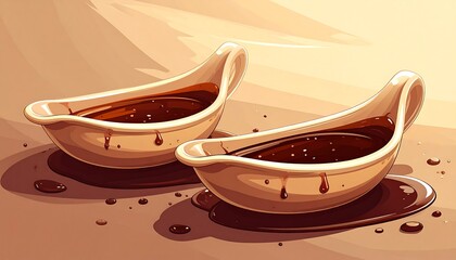 Two gravy boats filled with rich, dark gravy on a table.