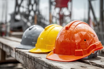 Safety helmets lined up on wooden beam at construction site with machinery in the background during daytime work hours