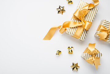 Merry Christmas and Happy Holidays greeting card, frame, border, banner. New Year. Golden Christmas...