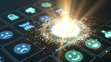 Glowing happy emoji and emoticon digital interface showcasing emotional expression and mood with positive feedback concept featuring glowing happy face icon and digital particles moving from sad to - Powered by Adobe