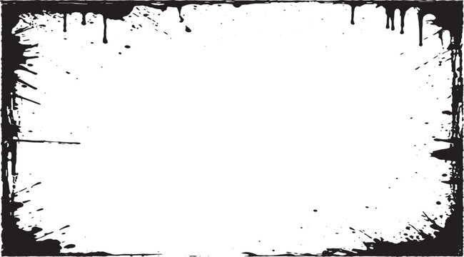 Grunge Black Rectangular Frame, with Ink Splatters and Dripping Paint, used for artistic borders and creative design, adding unique distressed elements to photos or text, 186 characters