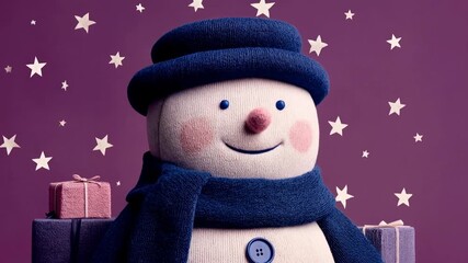 Playful snowman in blue scarf and hat stands against purple night sky with stars and presents around creating magical christmas holiday celebration scene for cheerful greetings