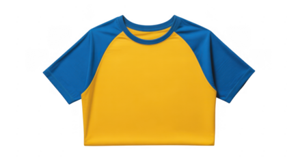 Yellow t shirt with blue raglan sleeves and blue collar isolated on a transparent background