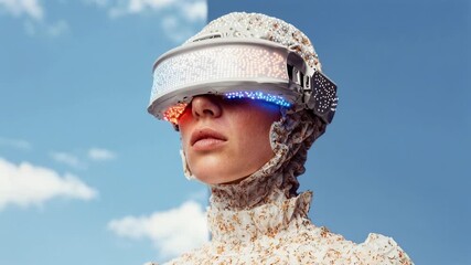 Futuristic woman wearing reflective visor headset and sequined turtleneck poses against pastel background representing virtual reality technology fashion and digital innovation - Powered by Adobe