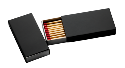 Open black matchbox revealing matches with red tips on dark background