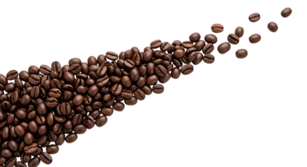 Roasted coffee beans flowing across a dark background creating a dynamic design